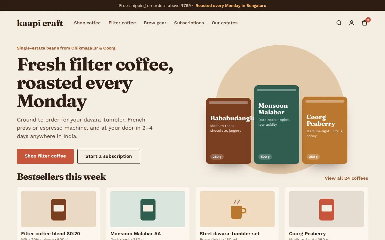 E-commerce website for a filter coffee brand in Bengaluru with product listings and prices in rupees