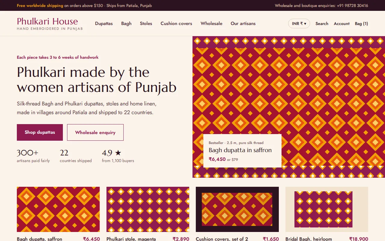 E-commerce website for a Patiala Phulkari exporter with hand-embroidered dupattas priced in rupees and dollars
