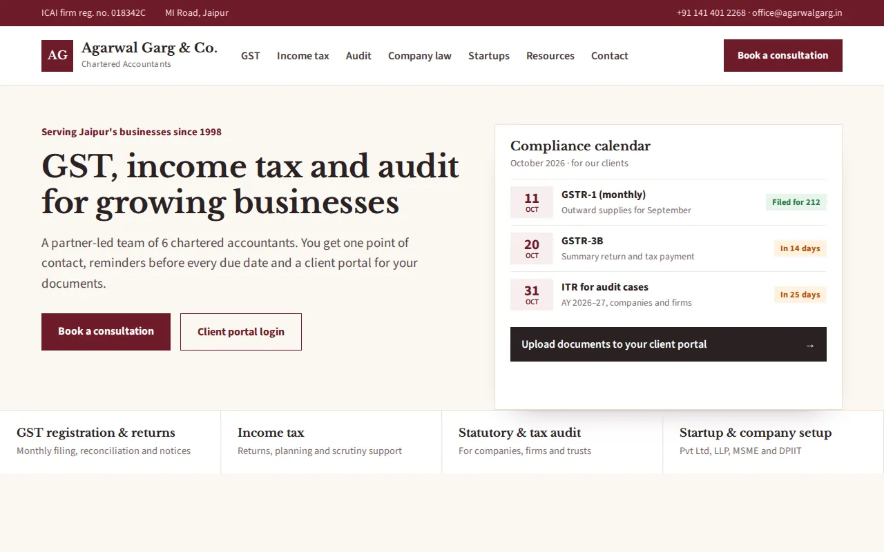Chartered accountant firm website in Jaipur with a GST and income tax compliance calendar