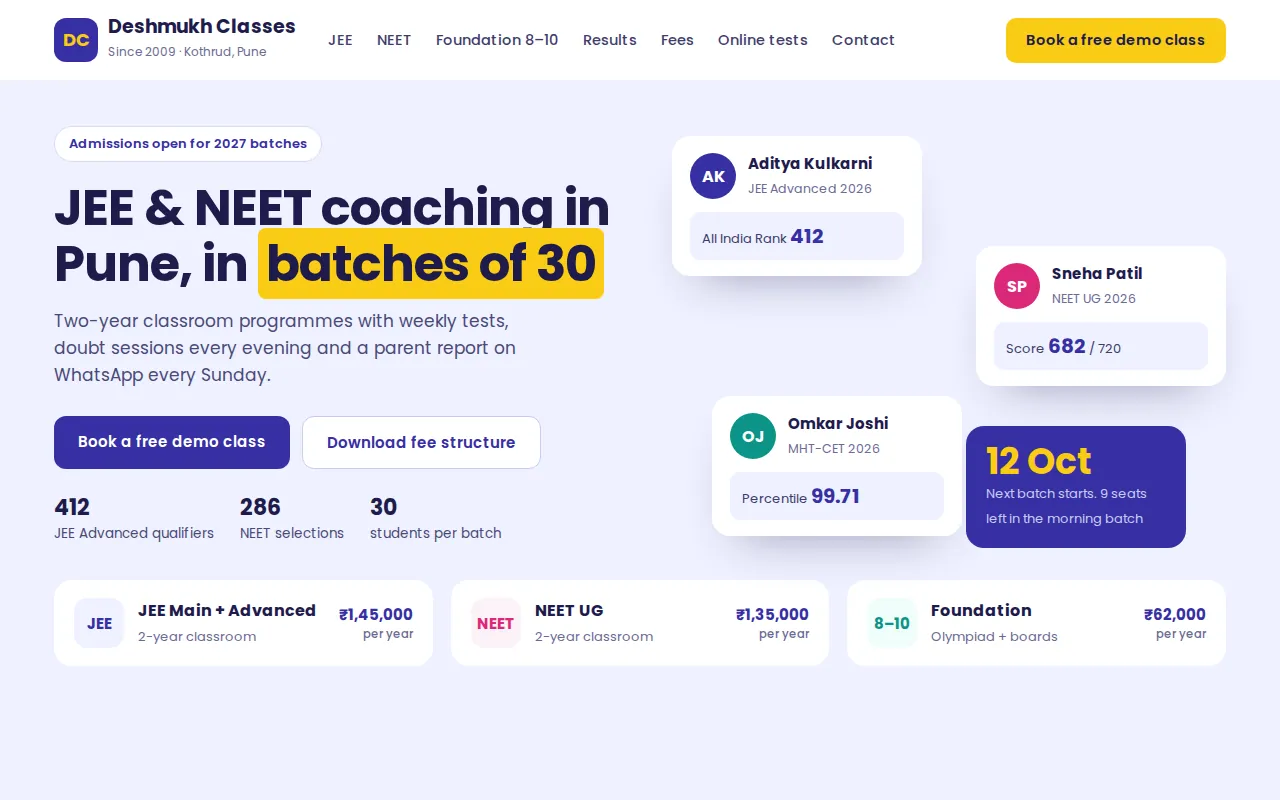 Coaching institute website in Pune showing JEE and NEET results, batch dates and course fees