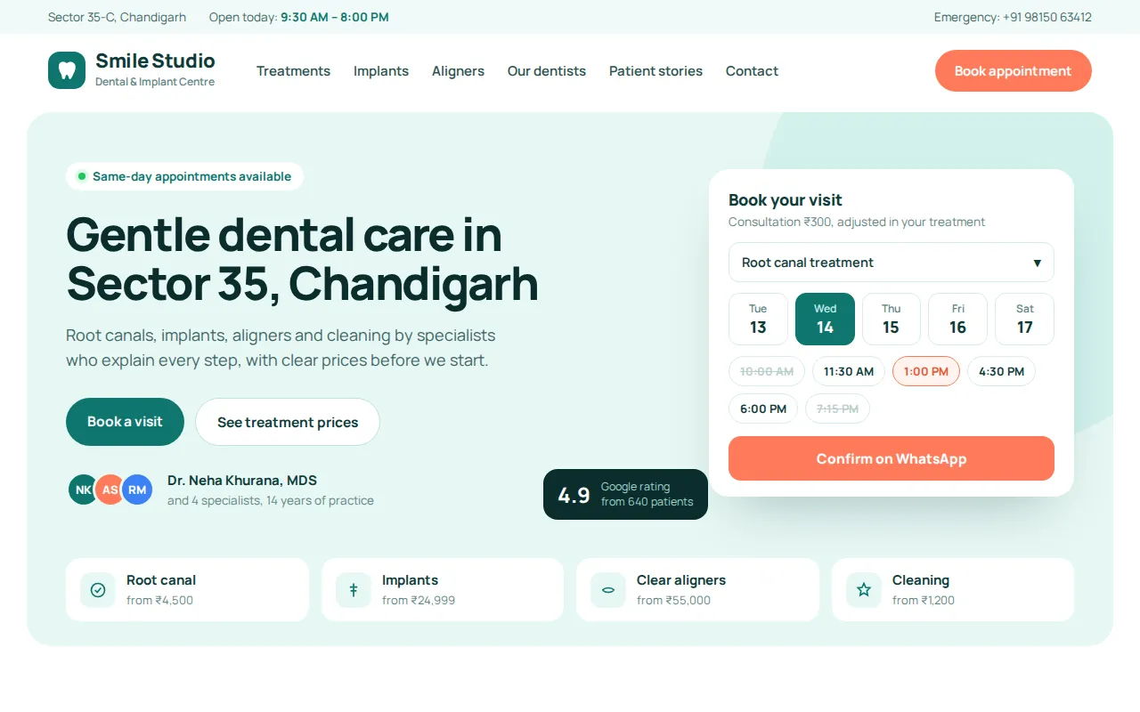 Dental clinic website in Chandigarh with an online appointment booking widget, designed by Tech Trend Idea