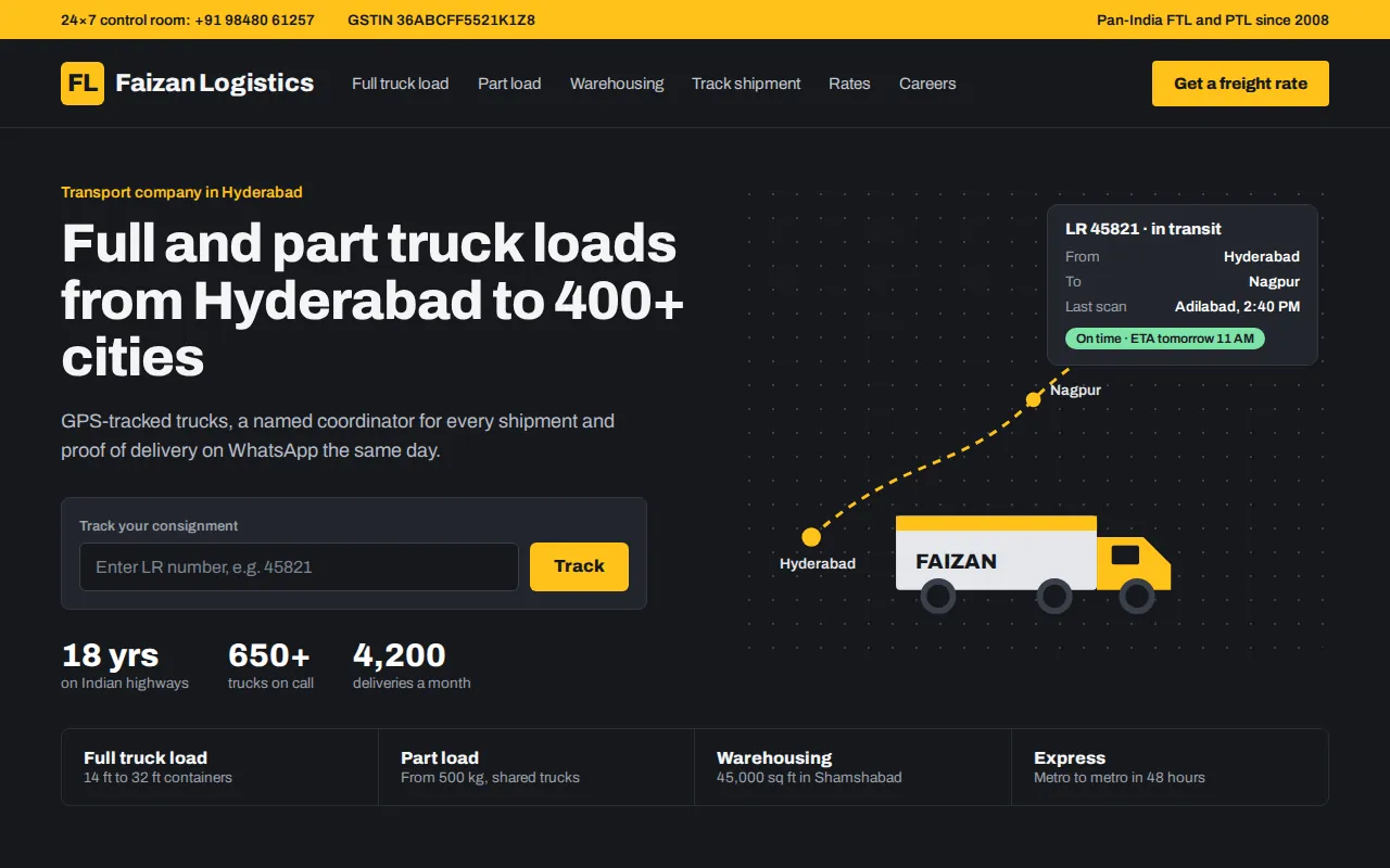 Logistics company website in Hyderabad with LR number tracking and full and part truck load services
