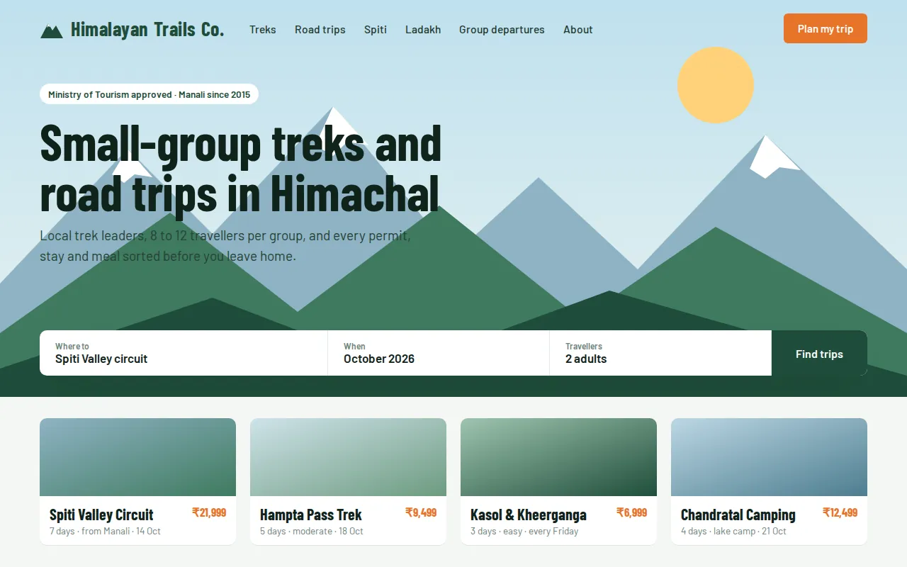 Travel company website in Manali with a trip search bar and small-group trek packages with prices